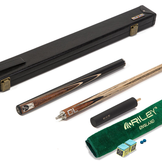 BCE C8L - 3 Piece English Pool Cue - 3/4 Cut Cue - Layered Ebonised Black Wood Butt with 9mm Tip - 145cm - Black/ Dark Wood
