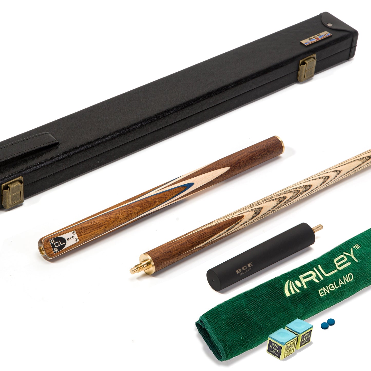 BCE C8L - 3 Piece English Pool Cue - 3/4 Cut Cue - Exotic Wood Butt with 9mm Tip - 145cm - Blue/ Natural Wood
