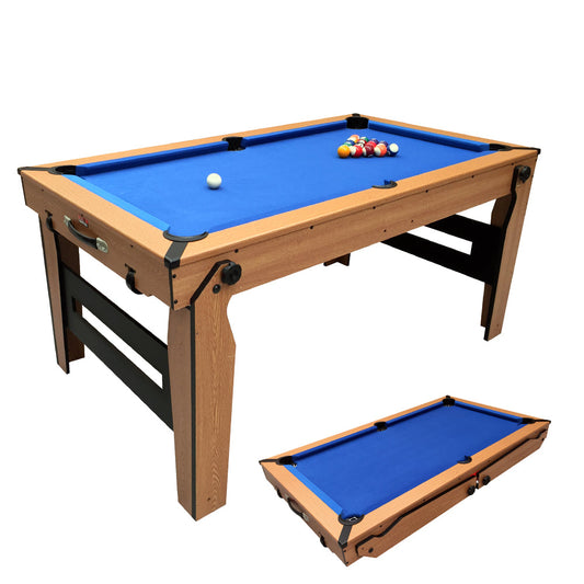 BCE 6ft Razor Folding Pool Table - Blue Cloth/ Oak Finish - Folds Flat