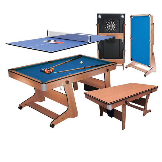 BCE 6ft Folding 3 in 1 Pool Table with Table Tennis Top and Dartboard - Blue Cloth/ Beech Finish - Folds Vertically