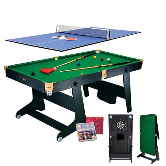 Riley 6ft 4 in 1 Folding Snooker Table - Snooker, Pool, Dartboard and Table Tennis Top - Black/Wood Effect with Green Cloth - Folds Vertically