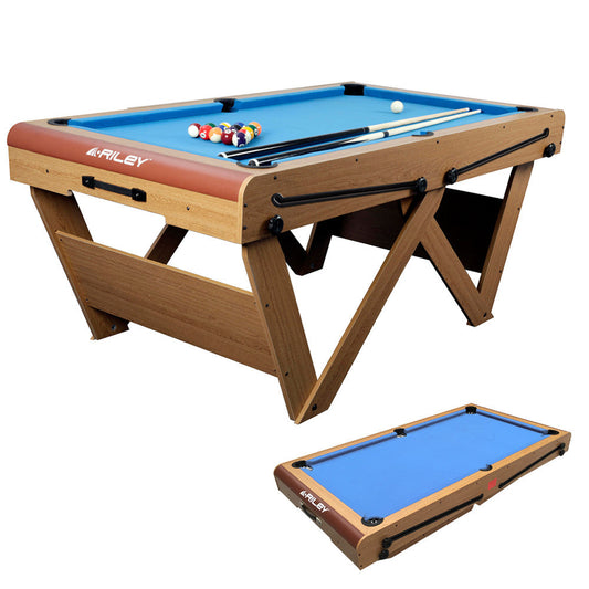 Riley 6ft Folding Snooker and Pool Table - Oak Finish with Blue Cloth - Folds Flat