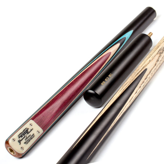 BCE 3 Piece Grand Master Snooker Cue - 3/4 Cut Cue - Layered Ebonised Black Wood Butt - 9.5mm Tip - 145cm - Black/Natural/ Blue