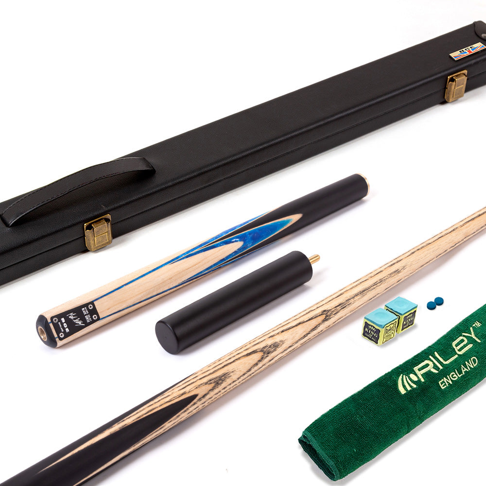 BCE Black Series - 3 Piece Snooker Cue - 3/4 Cut - Layered Ebonised Black Wood Butt - 9.5mm Tip - 145cm - Black/ Blue and White Marbleised Resin / Natural Wood