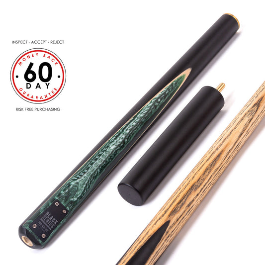 BCE Black Series - 3 Piece Snooker Cue - 3/4 Cut Cue - Layered Ebonised Black Wood Butt - 9.5mm Tip - 145cm - Black/ Green and White Marbleised Resin