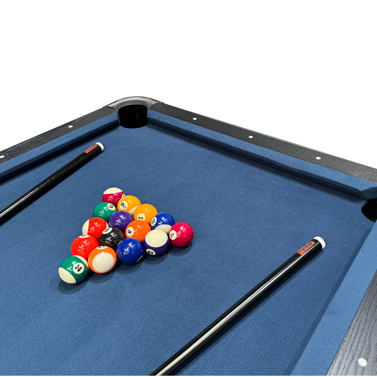 BCE 7ft Black Cat American Pool Table - Black/Wood Effect with Blue Cloth - Fixed Leg - Ball Return System