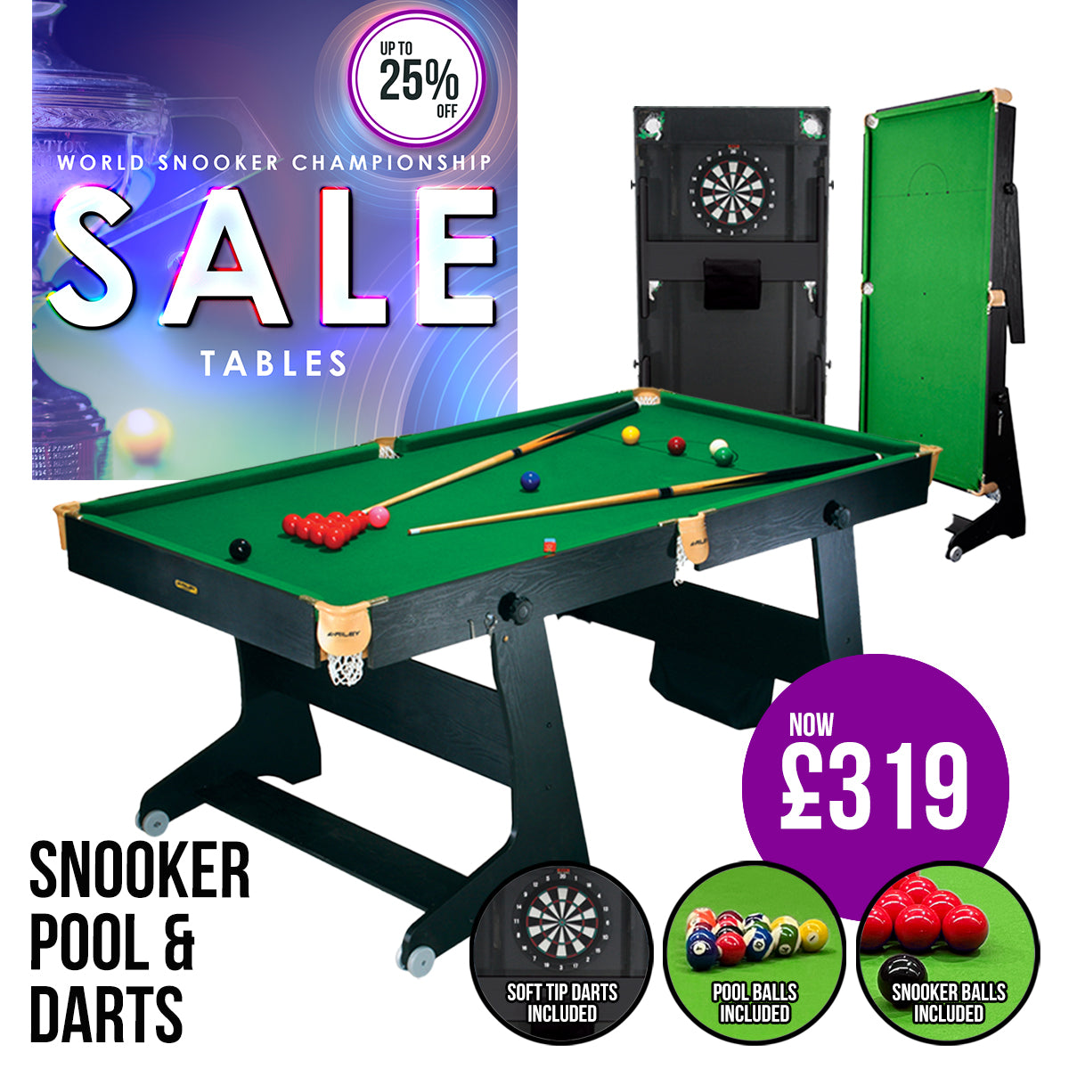 Riley 3 in 1 6ft Vertical Folding Snooker/Pool Table