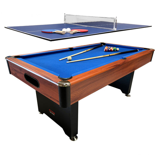 BCE 6ft 2 in 1 American Pool Table with Table Tennis Top - Black/Wood Effect with Blue Cloth - Fixed Leg - Ball Return System