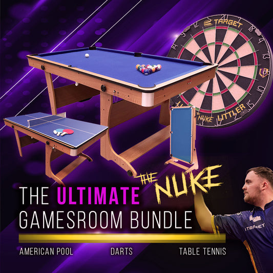 BCE 6ft Folding 3 in 1 Pool Table with Table Tennis Top and Dartboard - Blue Cloth/ Beech Finish - Folds Vertically