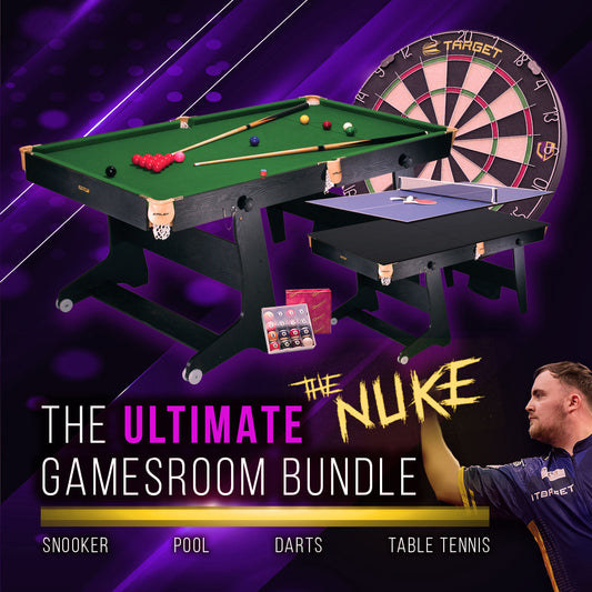 Riley 6ft 4 in 1 Folding Snooker Table - Snooker, Pool, Dartboard and Table Tennis Top - Black/Wood Effect with Green Cloth - Folds Vertically