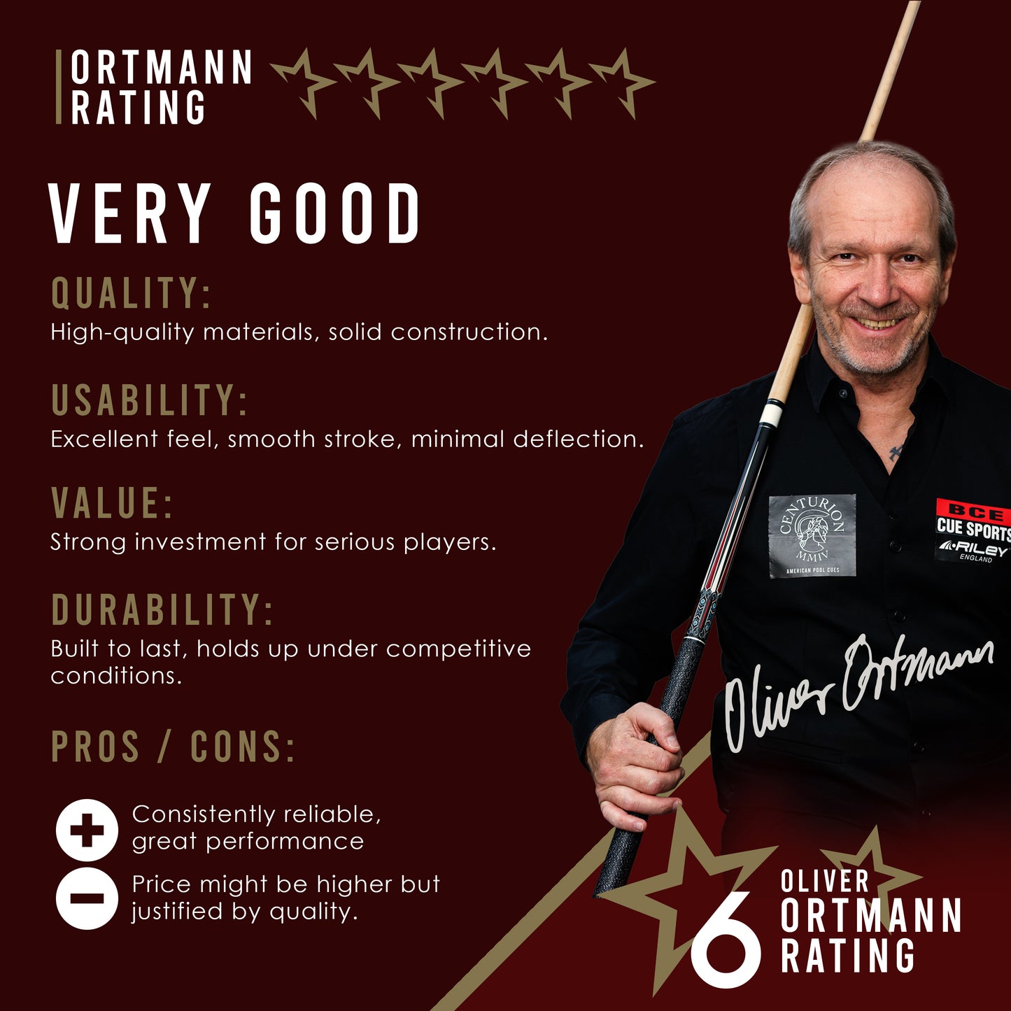 Riley Centurion American Pool Cue - Brown - 13mm Tip and Linen Grip Section - 147cm