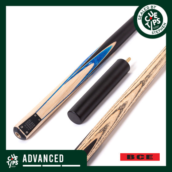 BCE Black Series - 3 Piece Snooker Cue - 3/4 Cut - Layered Ebonised Black Wood Butt - 9.5mm Tip - 145cm - Black/ Blue and White Marbleised Resin / Natural Wood