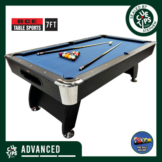 BCE 7ft Black Cat American Pool Table - Black/Wood Effect with Blue Cloth - Fixed Leg - Ball Return System
