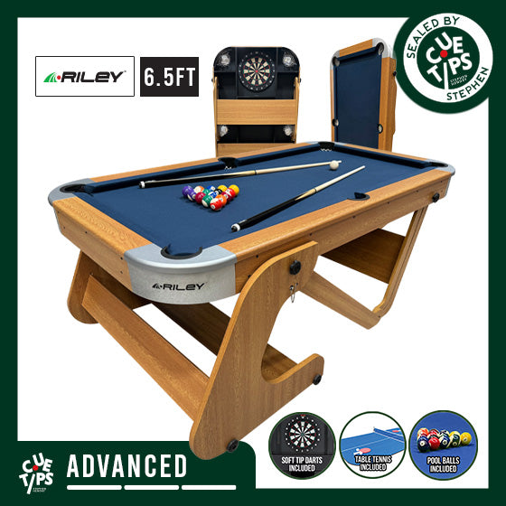 Riley 6ft 6In Supersize Folding Pool Table - Beech Finish with Blue Cloth - Folds Vertically - Free Table Tennis Top