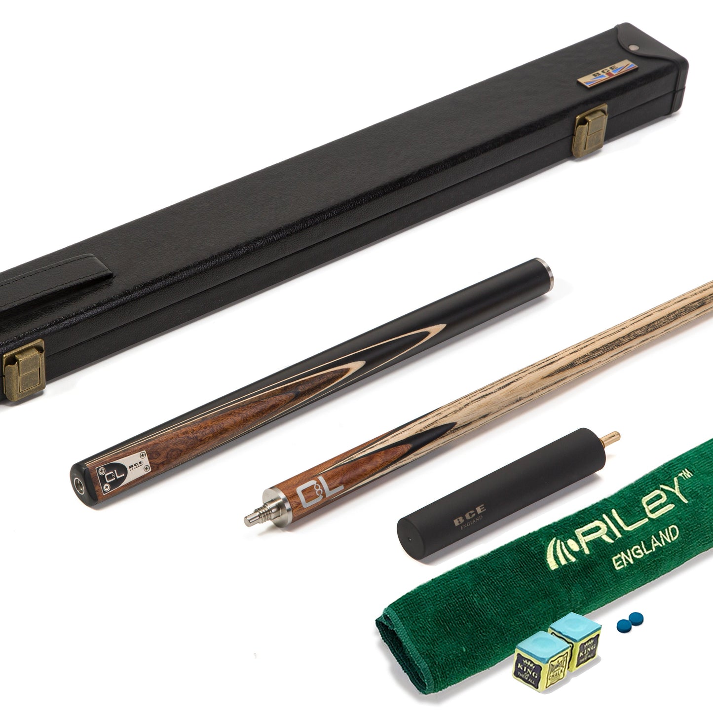 BCE C8L - 3 Piece English Pool Cue - 3/4 Cut Cue - Layered Ebonised Black Wood Butt with 9mm Tip - 145cm - Black/ Dark Wood
