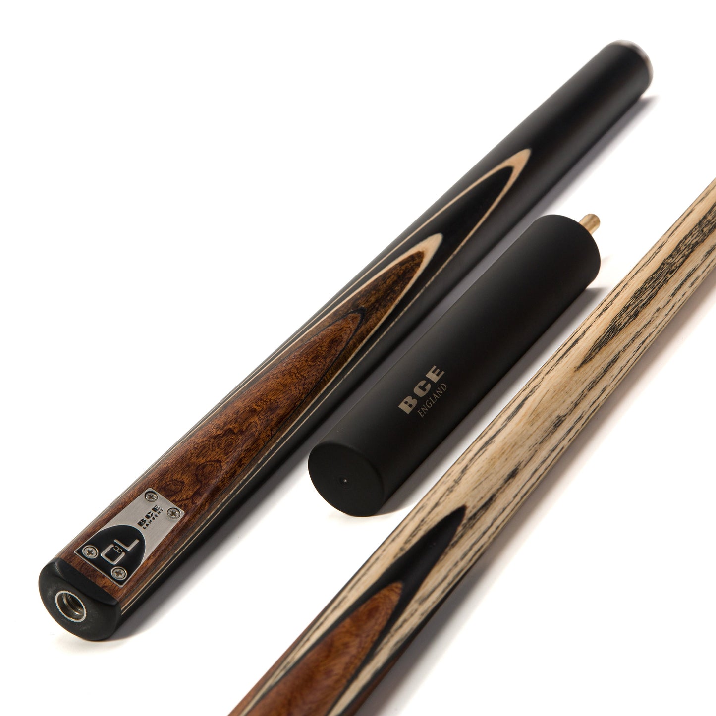 BCE C8L - 3 Piece English Pool Cue - 3/4 Cut Cue - Layered Ebonised Black Wood Butt with 9mm Tip - 145cm - Black/ Dark Wood