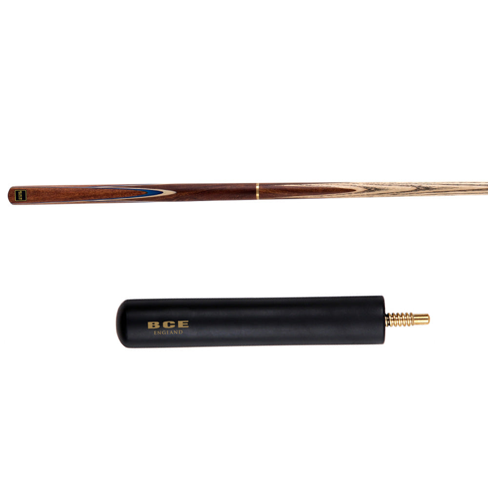 BCE 3 Piece Snooker Cue - 3/4 Cut Cue - Exotic Wood Butt - 9.5mm Tip - 145cm - Blue/ Natural Wood