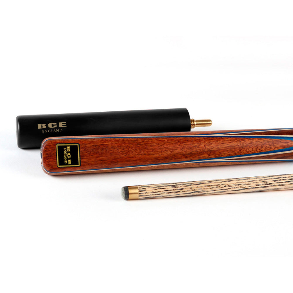 BCE 3 Piece Snooker Cue - 3/4 Cut Cue - Exotic Wood Butt - 9.5mm Tip - 145cm - Blue/ Natural Wood