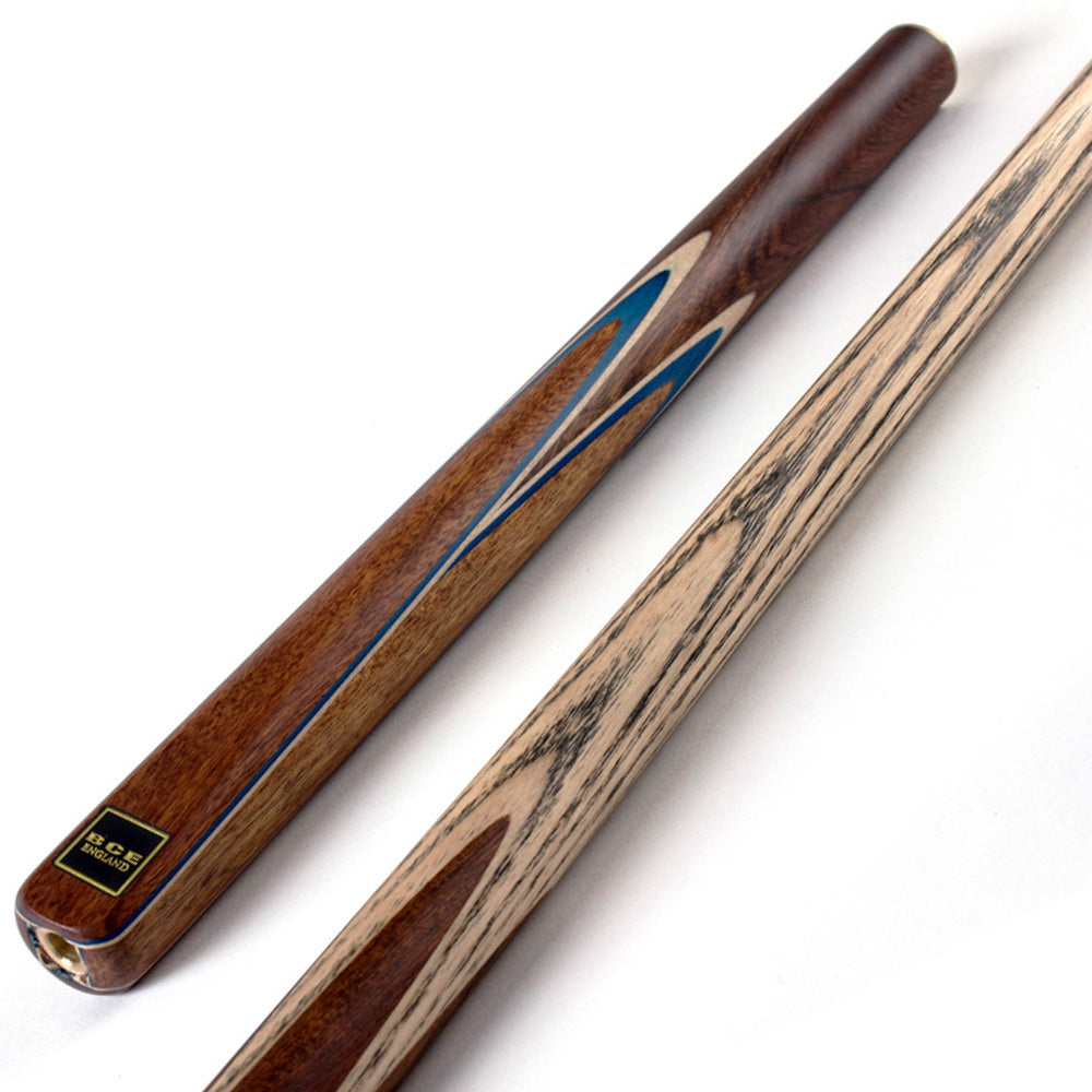BCE 3 Piece Snooker Cue - 3/4 Cut Cue - Exotic Wood Butt - 9.5mm Tip - 145cm - Blue/ Natural Wood