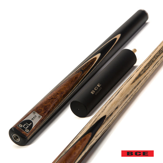 BCE C8L - 3 Piece English Pool Cue - 3/4 Cut Cue - Layered Ebonised Black Wood Butt with 9mm Tip - 145cm - Black/ Dark Wood
