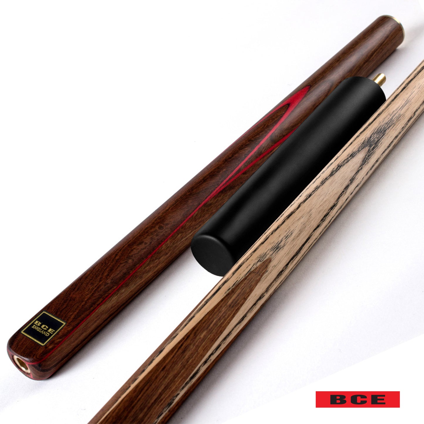 BCE 3 Piece Snooker Cue - 3/4 Cut Cue - Exotic Wood Butt - 9.5mm Tip - 145cm - Red/ Natural Wood