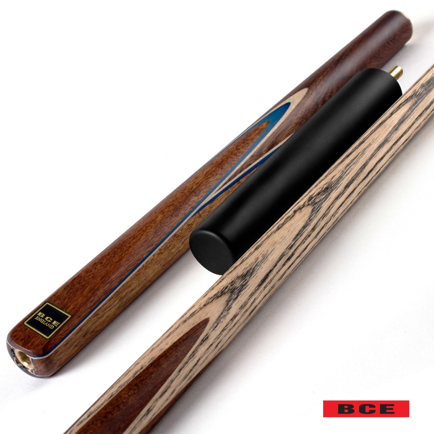 BCE 3 Piece Snooker Cue - 3/4 Cut Cue - Exotic Wood Butt - 9.5mm Tip - 145cm - Blue/ Natural Wood