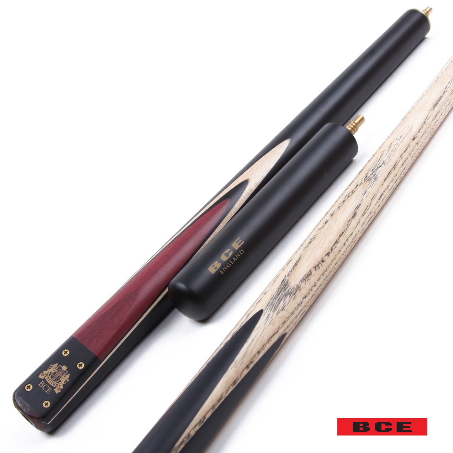 BCE 3 Piece Heritage Snooker Cue - 3/4 Cut Cue - Layered Ebonised Black Wood Butt - 9.5mm Tip - 145cm - Black/Natural/Purple