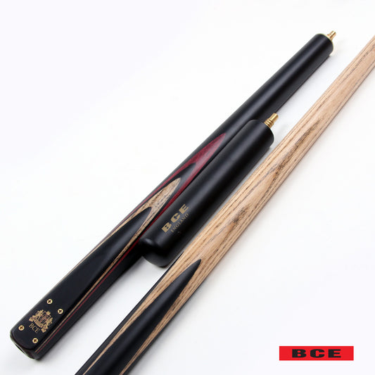 BCE 3 Piece Heritage Snooker Cue - 3/4 Cut Cue - Layered Ebonised Black Wood Butt - 9.5mm Tip - 145cm - Black/Natural/Brown/Purple