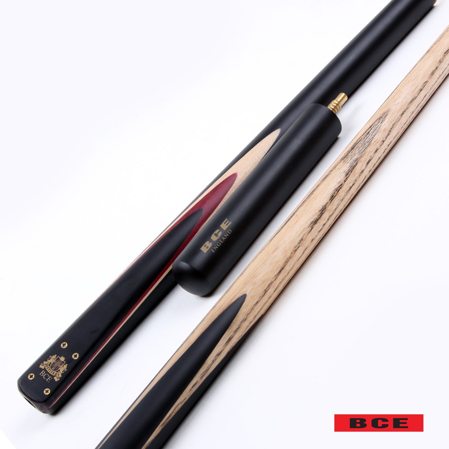 BCE 3 Piece Heritage Snooker Cue - 3/4 Cut Cue - Layered Ebonised Black Wood Butt - 9.5mm Tip - 145cm - Black/Natural/Purple