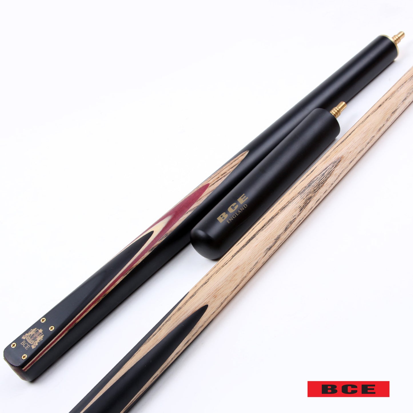 BCE 3 Piece Heritage Snooker Cue - 3/4 Cut Cue - Layered Ebonised Black Wood Butt - 9.5mm Tip - 145cm - Black/Natural/Purple