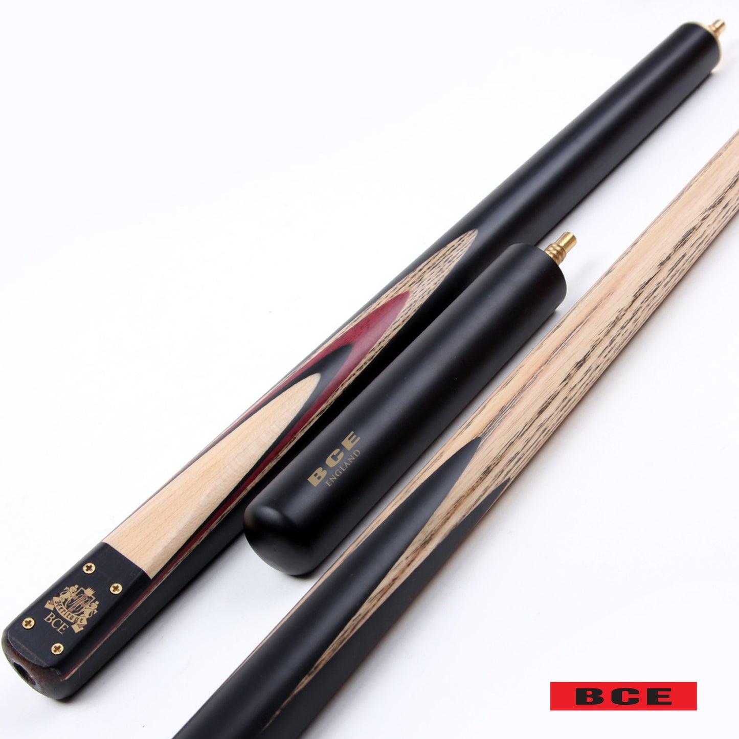 BCE 3 Piece Heritage Snooker Cue - 3/4 Cut Cue - Layered Ebonised Black Wood Butt - 9.5mm Tip - 145cm - Black/Natural/Purple