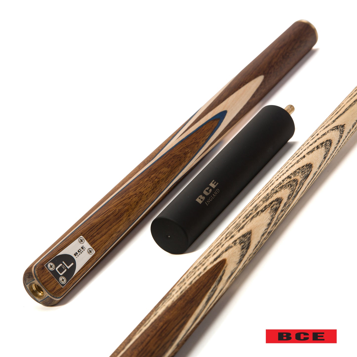 BCE C8L - 3 Piece English Pool Cue - 3/4 Cut Cue - Exotic Wood Butt with 9mm Tip - 145cm - Blue/ Natural Wood