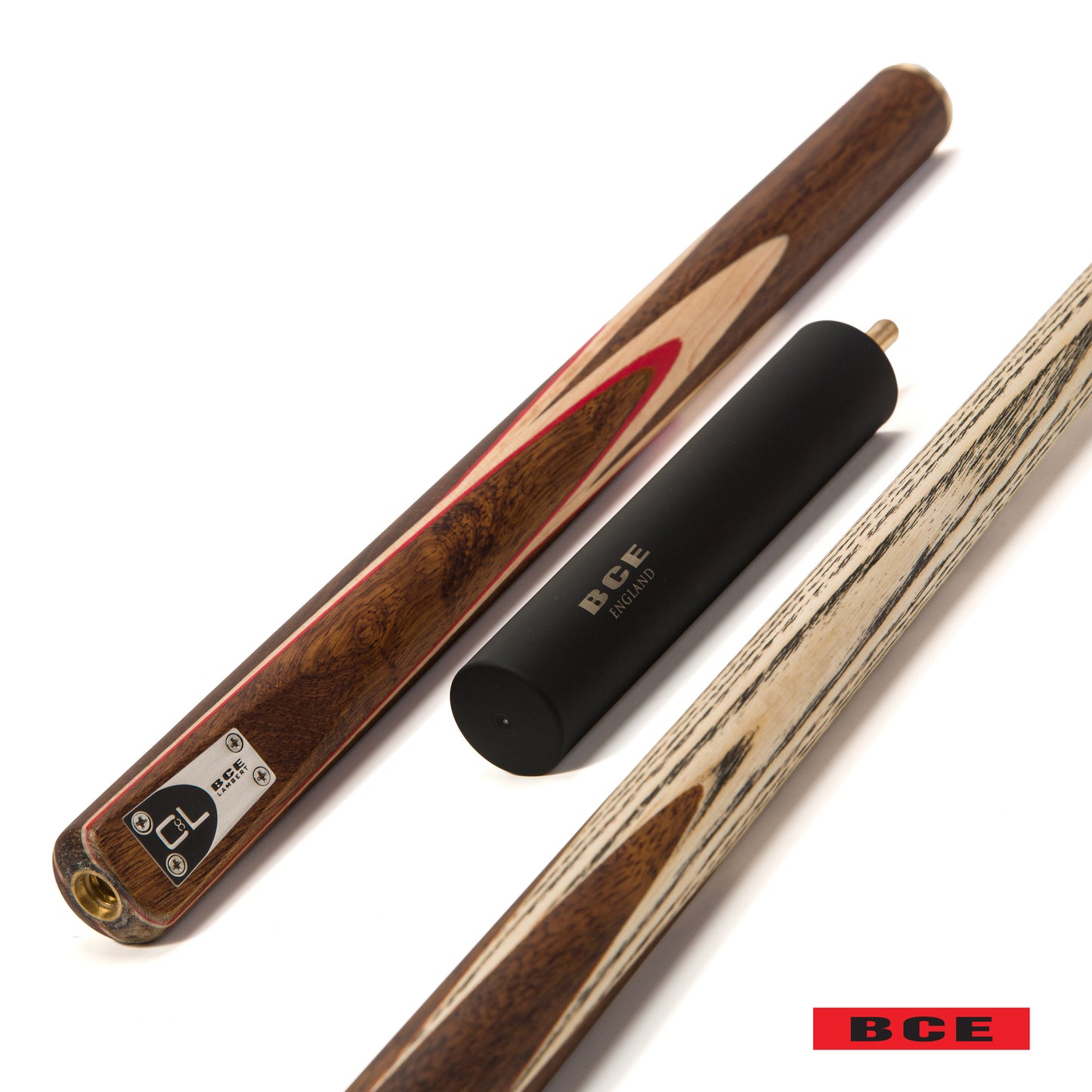 BCE C8L - 3 Piece English Pool Cue - 3/4 Cut Cue - Exotic Wood Butt with 9mm Tip - 145cm - Red/ Natural Wood