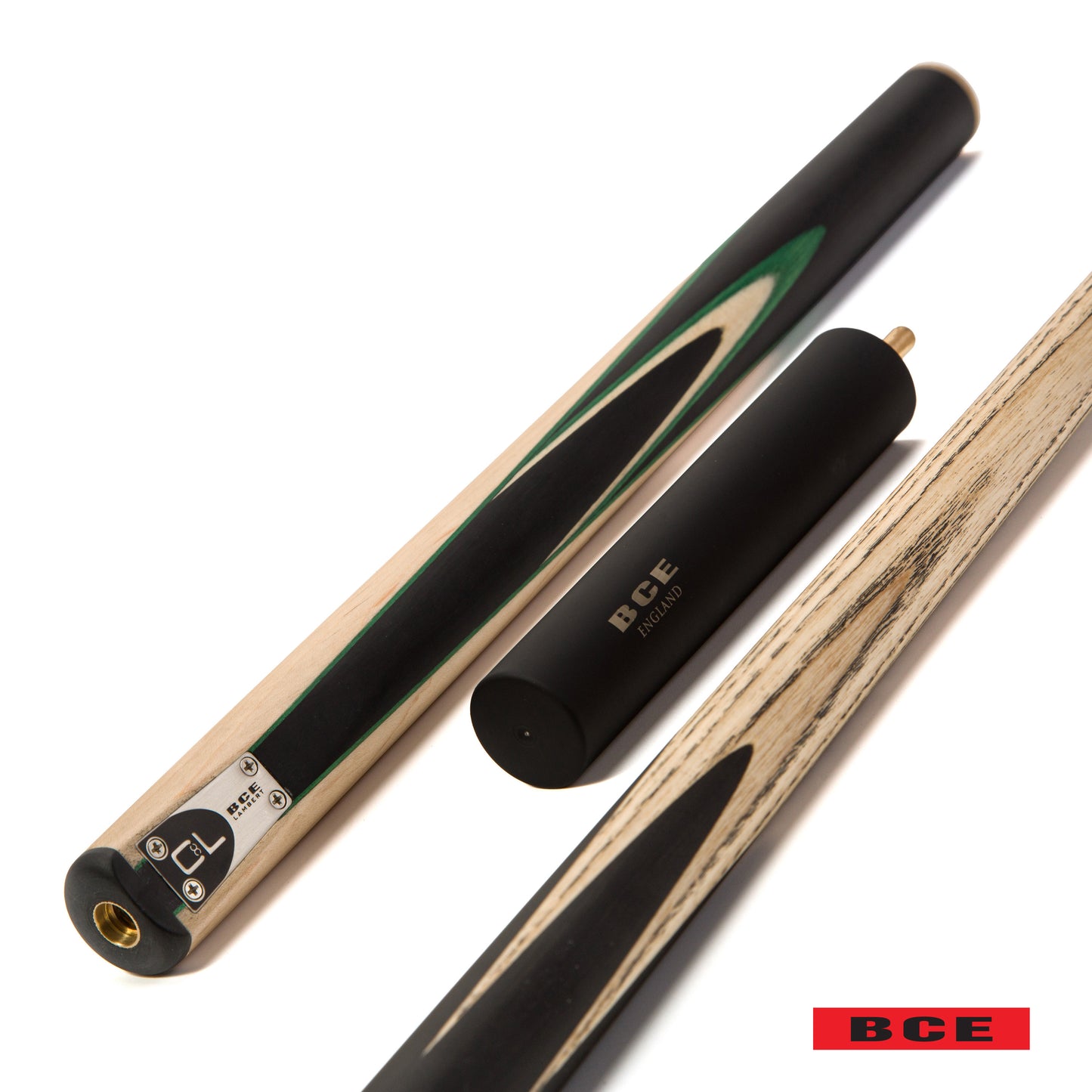 BCE C8L - 3 Piece English Pool Cue - 3/4 Cut Cue - Layered Ebonised Black Wood with 9mm Tip - 145cm - Black/ Green /Light Wood