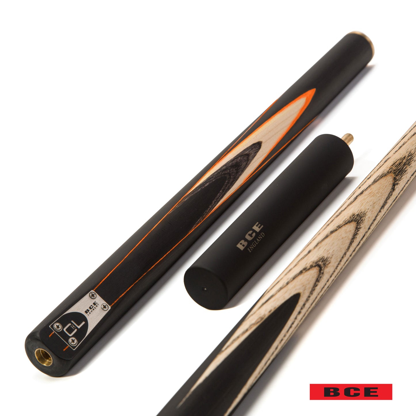 BCE C8L - 3 Piece English Pool Cue and Hard Case - 3/4 Cut Cue - Layered Ebonised Black Wood with 9mm Tip - 145cm - Black/ Orange/ Natural Wood