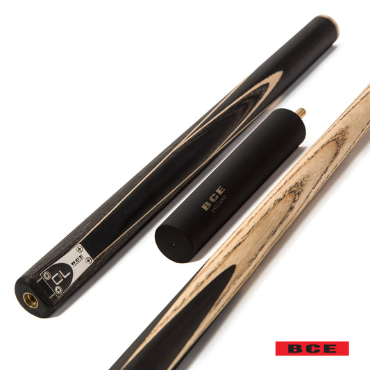 BCE C8L - 3 Piece English Pool Cue - 3/4 Cut Cue - Layered Ebonised Black Wood with 9mm Tip - 145cm - Black/ Grey/ Light Wood
