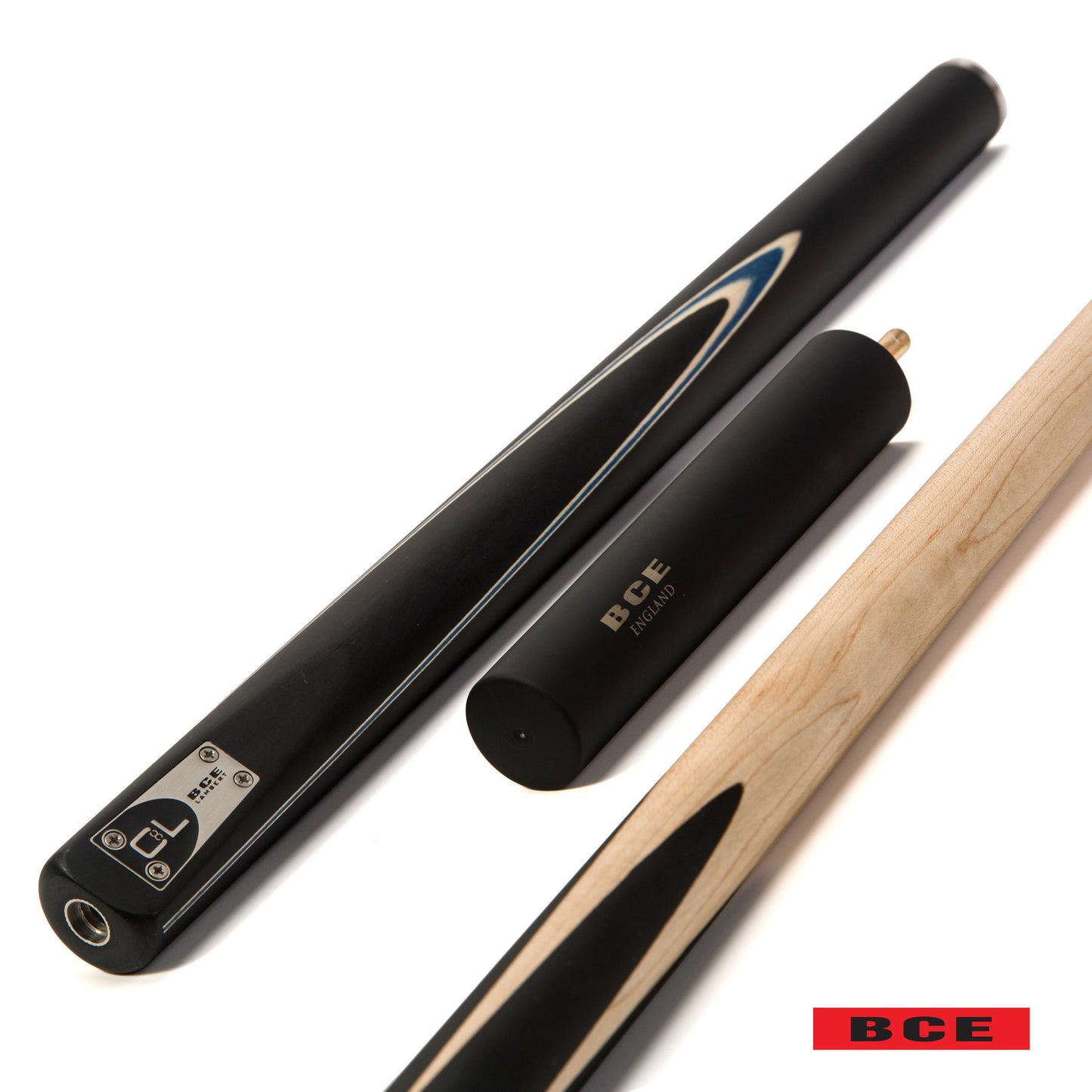 BCE C8L Victory Replica - 3 Piece English Pool Cue - 3/4 Cut Cue - Layered Ebonised Black Wood with 9mm Tip - 145cm - Black/ Blue