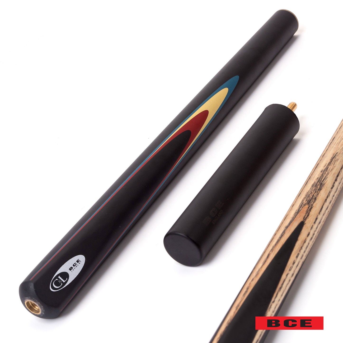 BCE Protege Series - Christophe Lambert - 3/4 Cut Snooker/Pool Cue - 9.5mm Tip - 145cm - Black/Natural/Blue/Cream/Red