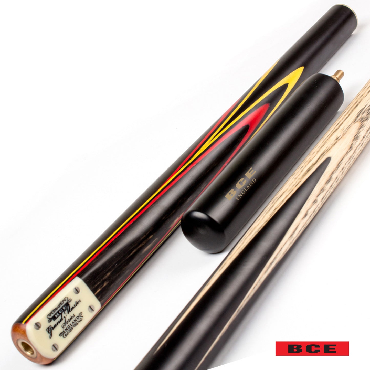 BCE 3 Piece Grand Master Snooker Cue - 3/4 Cut Cue - Layered Ebonised Black Wood Butt - 9.5mm Tip - 145cm - Black/Red/ Yellow
