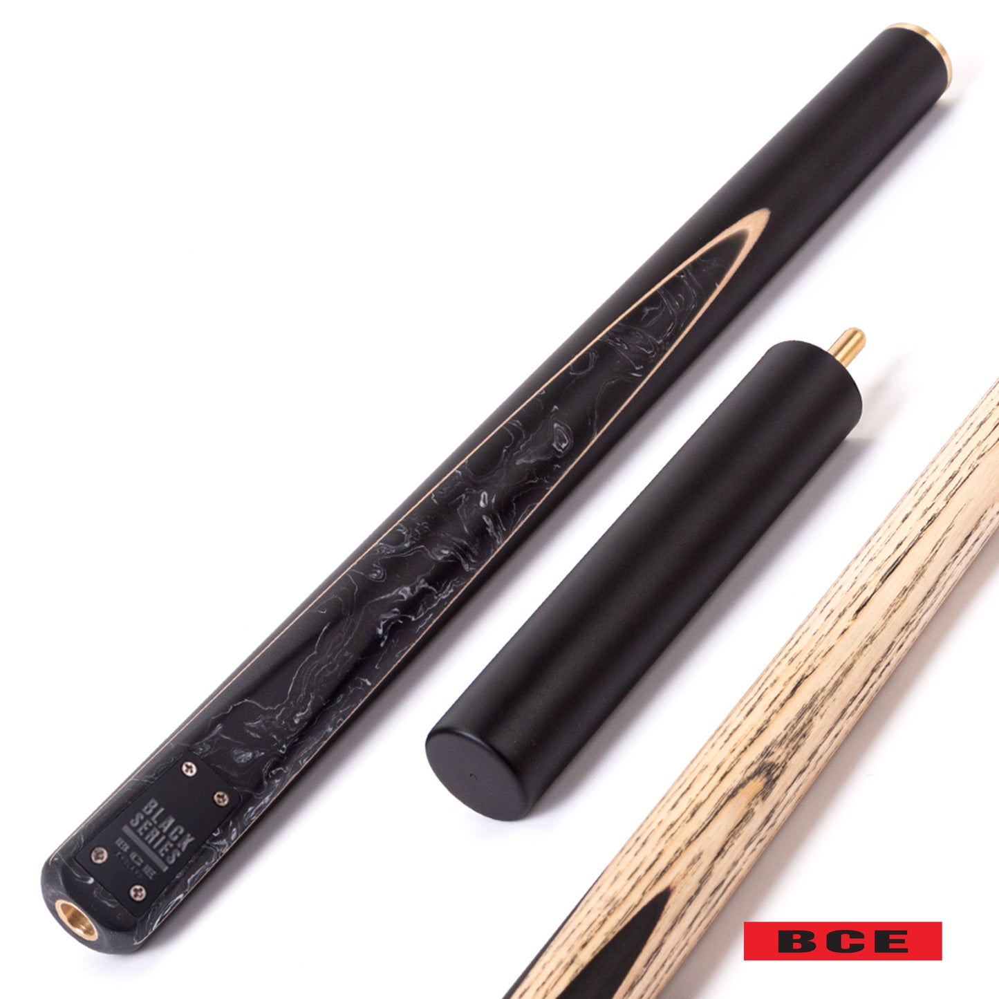 BCE Black Series - 3 Piece Snooker Cue - 3/4 Cut Cue - Layered Ebonised Black Wood Butt - 9.5mm Tip - 145cm - Black/ Black and White Marbleised Resin