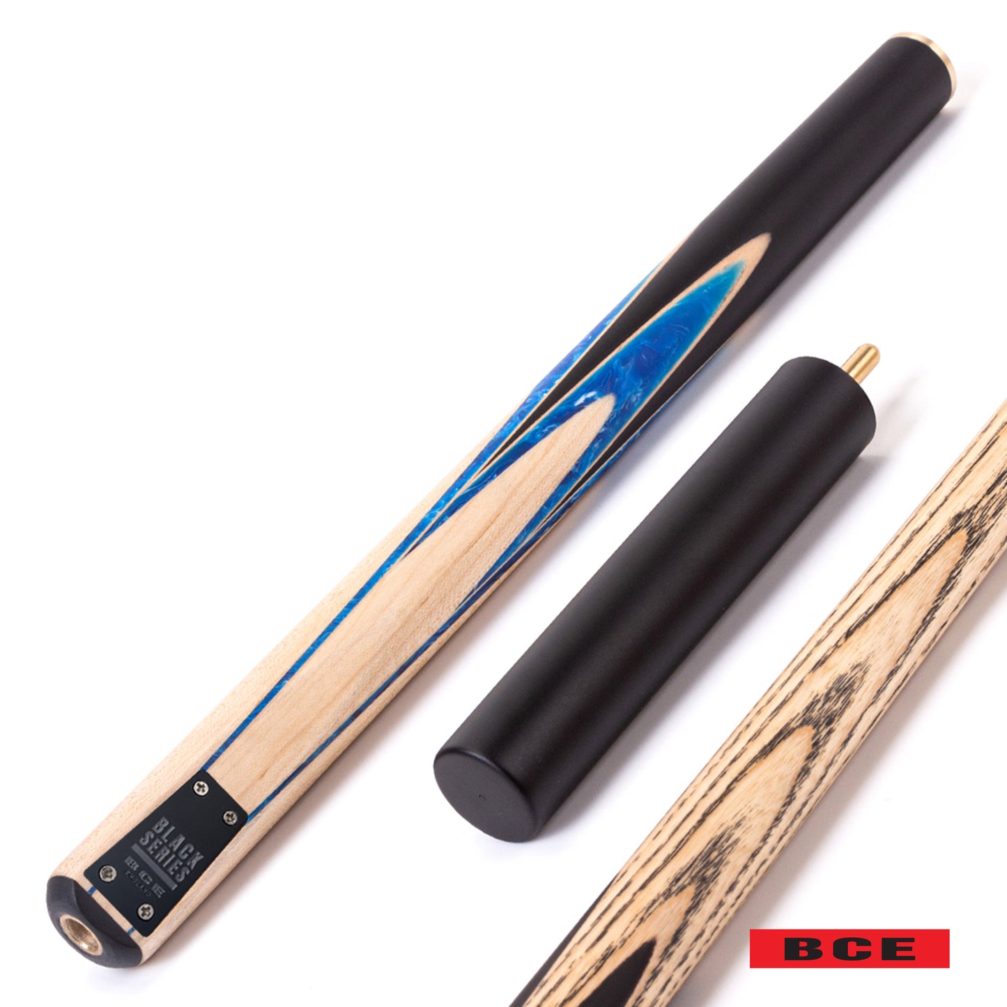BCE Black Series - 3 Piece Snooker Cue - 3/4 Cut - Layered Ebonised Black Wood Butt - 9.5mm Tip - 145cm - Black/ Blue and White Marbleised Resin / Natural Wood