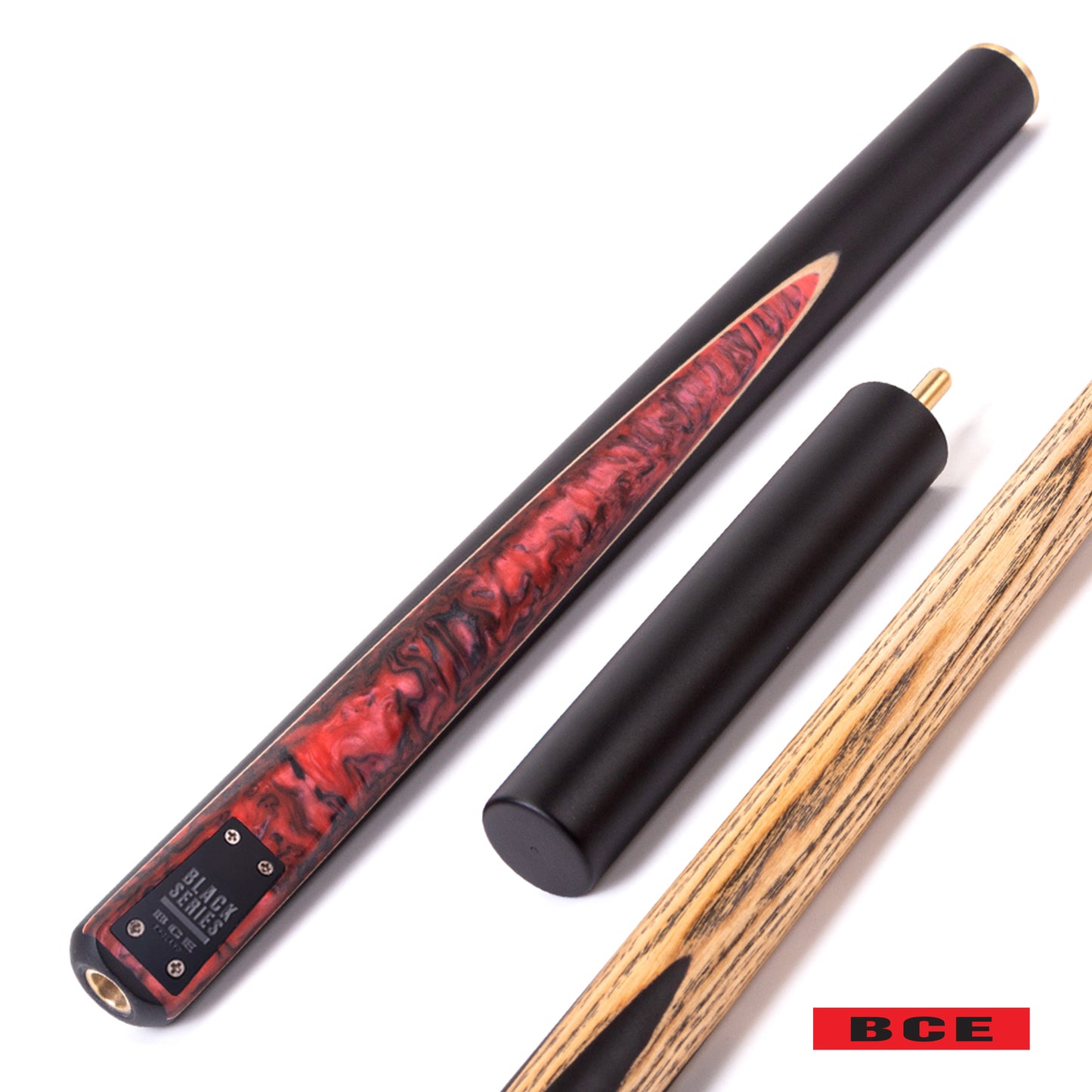 BCE Black Series - 3 Piece Snooker Cue - 3/4 Cut Cue - Layered Ebonised Black Wood Butt - 9.5mm Tip - 145cm - Black/ Red and Black Marbleised Resin