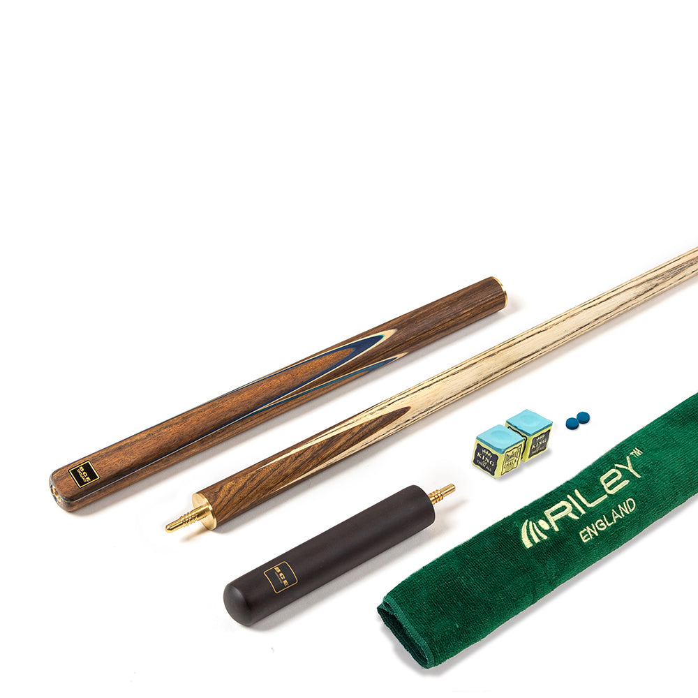 BCE 3 Piece Snooker Cue - 3/4 Cut Cue - Exotic Wood Butt - 9.5mm Tip - 145cm - Blue/ Natural Wood
