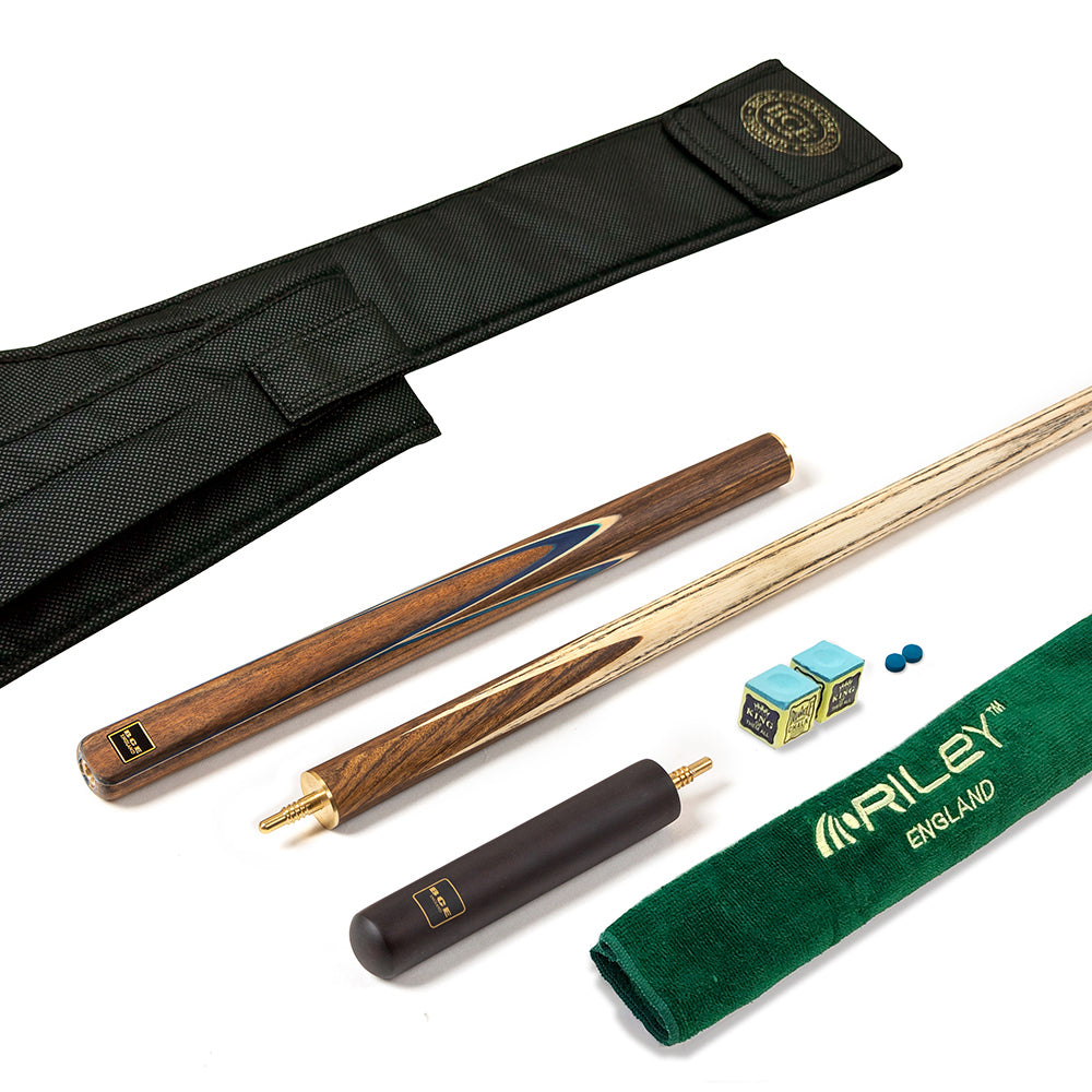 BCE 3 Piece Snooker Cue - 3/4 Cut Cue - Exotic Wood Butt - 9.5mm Tip - 145cm - Blue/ Natural Wood