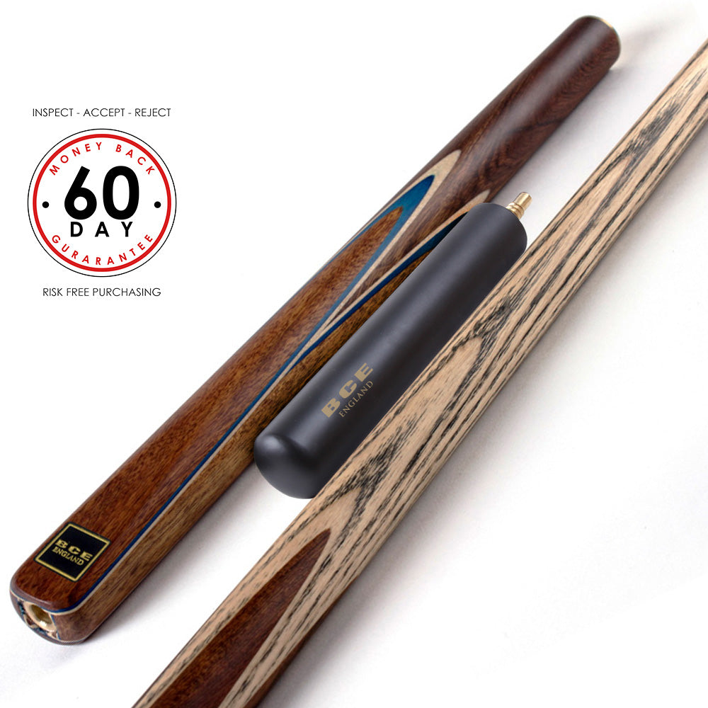 BCE 3 Piece Snooker Cue - 3/4 Cut Cue - Exotic Wood Butt - 9.5mm Tip - 145cm - Blue/ Natural Wood