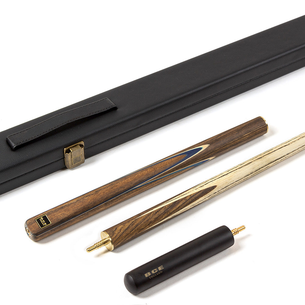 BCE 3 Piece Snooker Cue - 3/4 Cut Cue - Exotic Wood Butt - 9.5mm Tip - 145cm - Blue/ Natural Wood