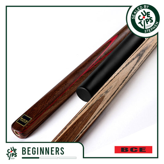 BCE 3 Piece Snooker Cue - 3/4 Cut Cue - Exotic Wood Butt - 9.5mm Tip - 145cm - Red/ Natural Wood