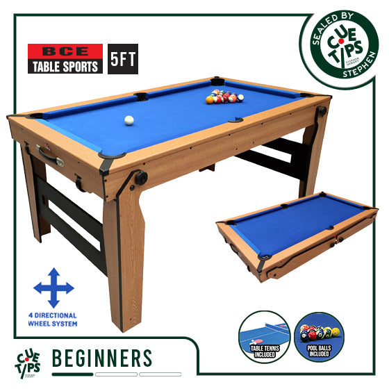 BCE 5ft Razor Folding 2 in 1 Pool Table with Table Tennis Top - Blue Cloth/ Oak Finish - Folds Flat