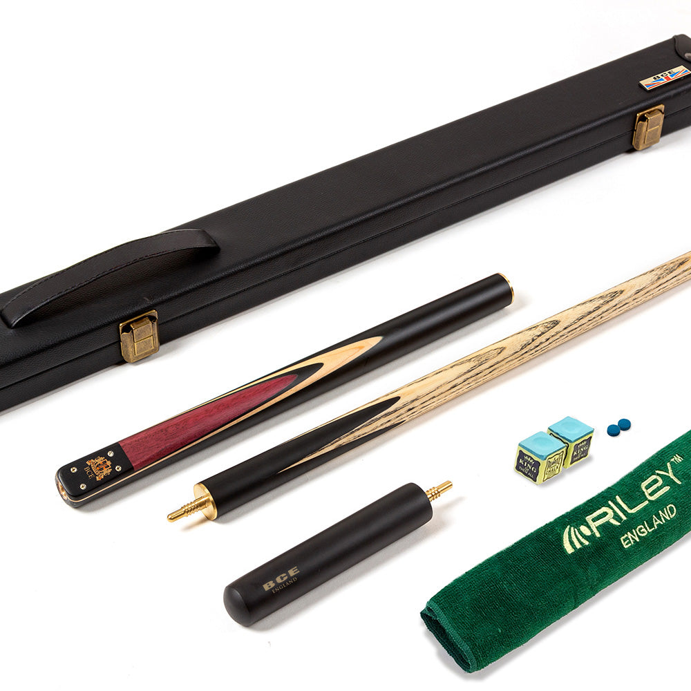 BCE 3 Piece Heritage Snooker Cue - 3/4 Cut Cue - Layered Ebonised Black Wood Butt - 9.5mm Tip - 145cm - Black/Natural/Purple