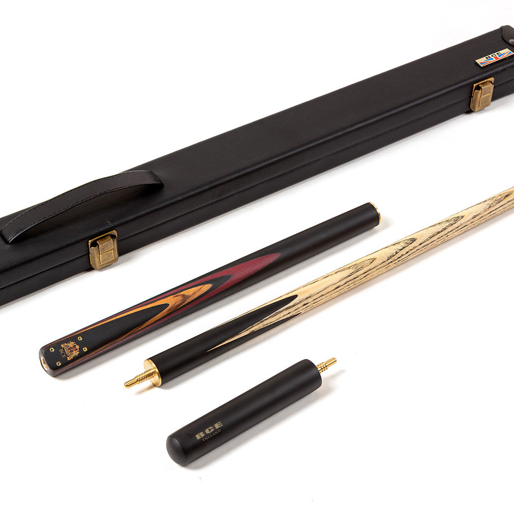 BCE 3 Piece Heritage Snooker Cue - 3/4 Cut Cue - Layered Ebonised Black Wood Butt - 9.5mm Tip - 145cm - Black/Natural/Brown/Purple